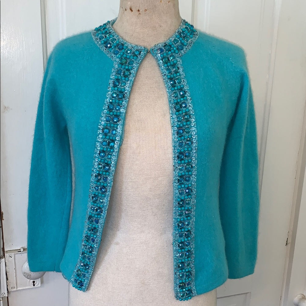 Beaded Turquoise Aqua Knit Cardigan Sweater Top 3/4 Sleeve Embellished Fancy XXS